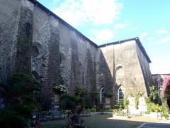 Church courtyard with lush greenery