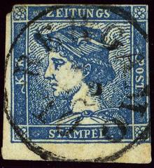 Merkur head, KK blue newspaper first issue stamp, type IIIa, circle BERGAMO