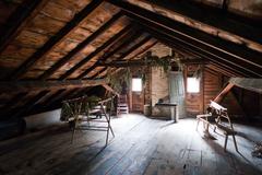 attic of Joseph Schneider Haus featuring old wooden beams and sloped ceiling