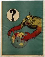 Australian WWI war poster with ape monster in German helmet and bloody hands