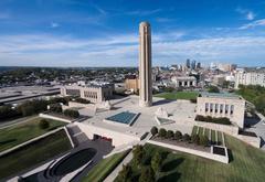 aerial view of National WWI Museum and Memorial with Kansas City skyline