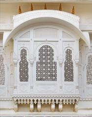 Junagarh Fort window with lattice overlooking the courtyard