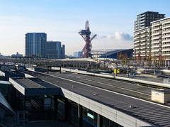 ArcelorMittal Orbit sculpture and Stratford Rail Station from the Stratford Town Centre Link pedestrian crossing