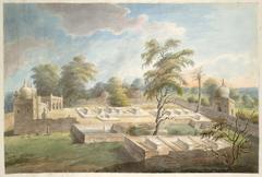 watercolour of a Muslim graveyard with adjacent mosque, Bahadurgarh