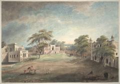 Watercolour view of Bahadurgarh courtyard with palace buildings and mosque