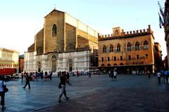 View of the façades of San Petronio and Palazzo dei Notai on Piazza Maggiore in Bologna