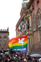 Arcigay flag in Piazza Maggiore, Bologna during Bologna Pride 2012