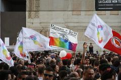 Flags in Piazza Maggiore, Bologna during Bologna Pride 2012