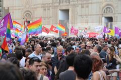 Flags in Piazza Maggiore, Bologna, during Bologna Pride 2012