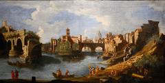 Panorama of the Tiber River with the broken bridge