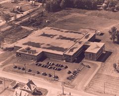 Aerial view of RL Crain building in Westboro, Ottawa, with visible Byron Ave streetcar line in the 1930s or 40s