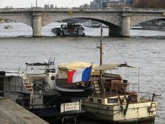 Boat on the Seine River in Paris with a background of trees and classic Parisian architecture