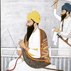 Miniature painting of Gurbaksh Singh Kanhaiya with fly-whisk attendant