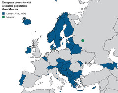 Map highlighting European countries with smaller populations than Moscow