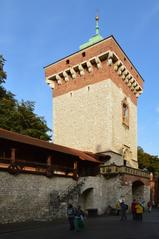 St. Florian's Gate in Kraków, Poland, a Gothic tower with a Baroque metal helmet crown