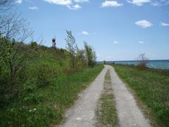 Leslie Street Spit shoreline with a rocky beach and calm waters