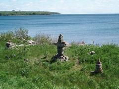 Leslie Street Spit shoreline with vegetation and distant Toronto skyline