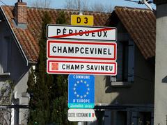 Entrance sign to the commune of Champcevinel on the road to Agonac, Dordogne, France