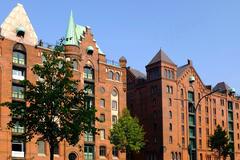 view of HafenCity with modern buildings and a canal in Hamburg