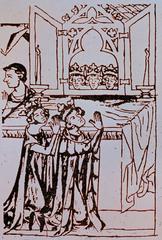 medieval drawing of the opened Shrine of the Three Magi in Cologne Cathedral