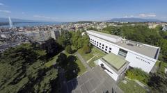 Aerial view of the Natural History Museum of Geneva with Jet d'Eau in the background