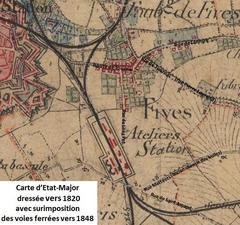 Fives en 1848 with railway lines on State Map from 1820