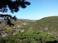 Scenic view from Mödling ruin towards Vorderbrühl and Seegrotte with Kalenderberg on the right