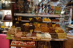 spice bazaar with colorful spices and herbs in various containers