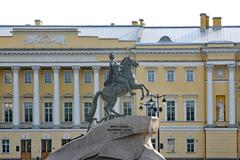 The Brazen Rider equestrian statue of Peter the Great in Saint Petersburg with the Constitutional Court of the Russian Federation in the background