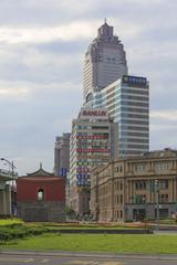 Aerial view of Shin Kong Life Tower, Taipei Post Office, Hongqi Economic Office Building, and Taipei North Gate in Taipei, Taiwan