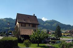 picturesque view of Charmey village surrounded by green hills and mountains