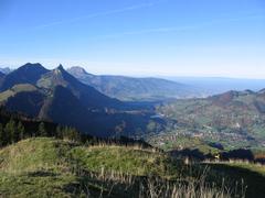 Scenic view of Charmey village with mountains in the background