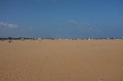 Aerial view of Marina Beach, Chennai with people, water, and buildings in the background