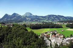 Aerial view of Broc village with mountainous backdrop