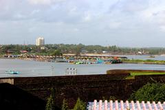 Mappila Bay natural harbor in Kannur, Kerala with Fort St. Angelo and Arakkal Palace in the background