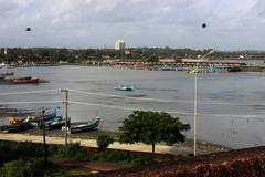 Mappila Bay in Kannur, Kerala with fishing boats and Fort St. Angelo