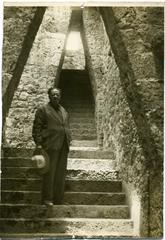 Diego Rivera on the steps of Anahuacalli