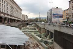 Maria Luiza Boulevard in Sofia with St. Nedelya Church, Sheraton Sofia Hotel Balkan, TZUM, and archaeological excavations