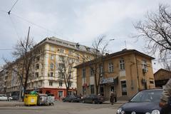 Streets in Sofia Bulgaria with people walking and city buildings