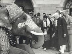 Jawaharlal Nehru, Dalai Lama and Panchan Lama with an elephant at Rashtrapati Bhavan, New Delhi, December 1956