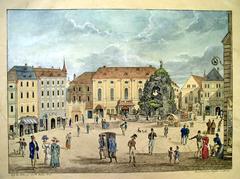 Colorized lithograph of Zelný trh in Brno from 1827