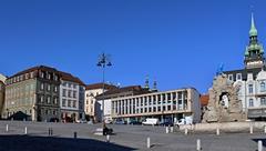 Zelný trh in Brno with market stalls and historic buildings