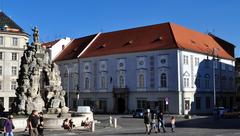 Reduta Theatre and Parnas Fountain in Brno, Czech Republic