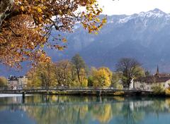 Bridge over the Aare River in Interlaken during autumn