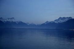 Lake Geneva at blue hour from Vevey with Dents du Midi and Les Dents de Morcles in view