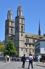 Grossmünster church and Helmhaus museum by the Münsterbrücke and Münsterhof in Zurich