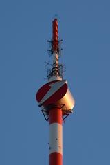 Antennas and UniCredit logo on the Donauturm in Vienna's Donaupark