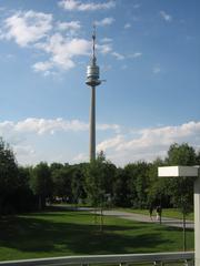 Donauturm in Vienna, Austria with clear blue sky