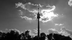 Donauturm against backlight in black and white