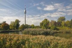 Danube Tower and Iris Lake in Donaupark, Vienna